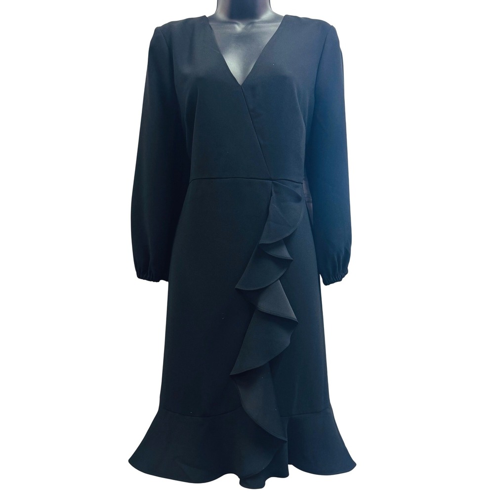 NWT J. Crew Black Ruffle Wrap Front Long Sleeve Midi Dress Womens 10